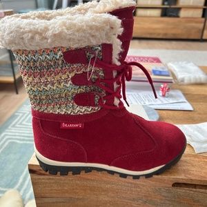 Women's winter red suede/shearling lace up boots